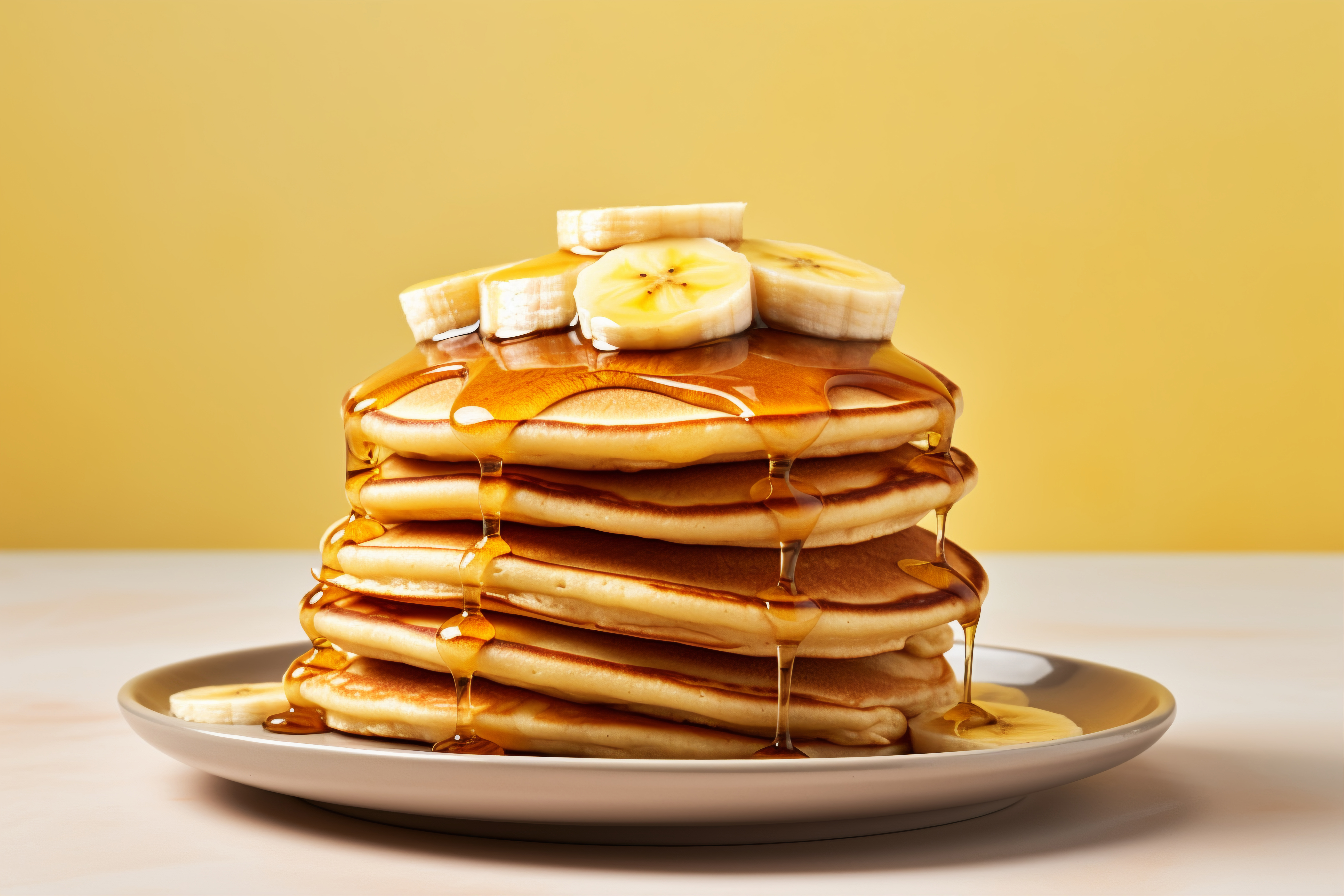 A stack of golden brown pancakes topped with butter and maple syrup